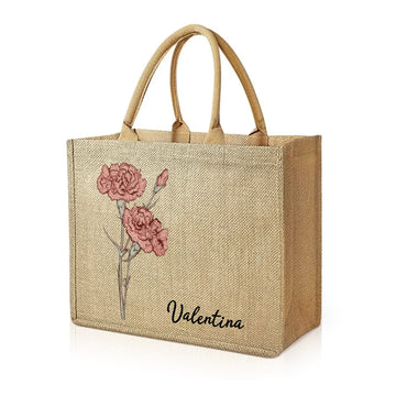 Personalised Birth Flower Beach Jute Tote Bag with Name