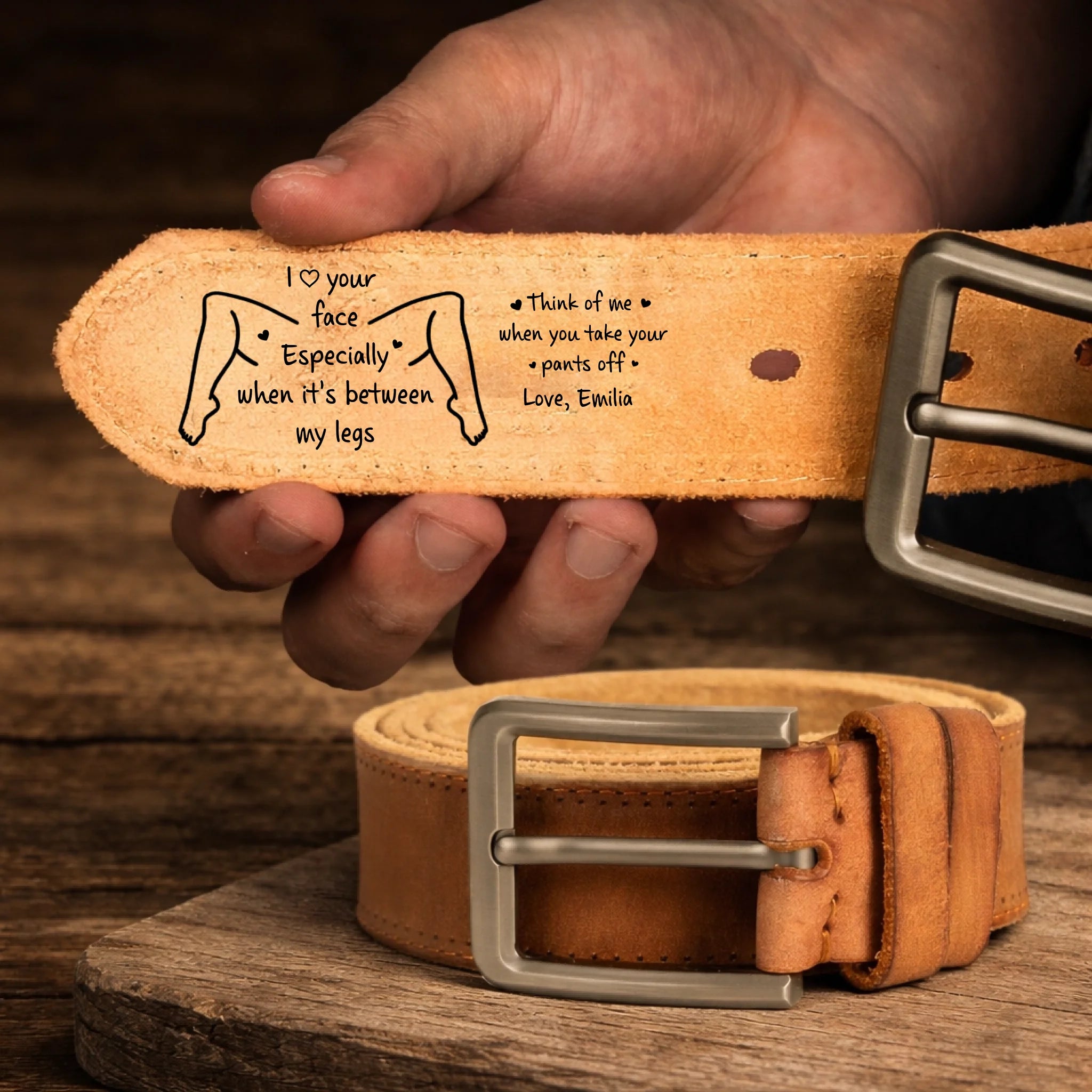 Leather belt on rustic wood surface