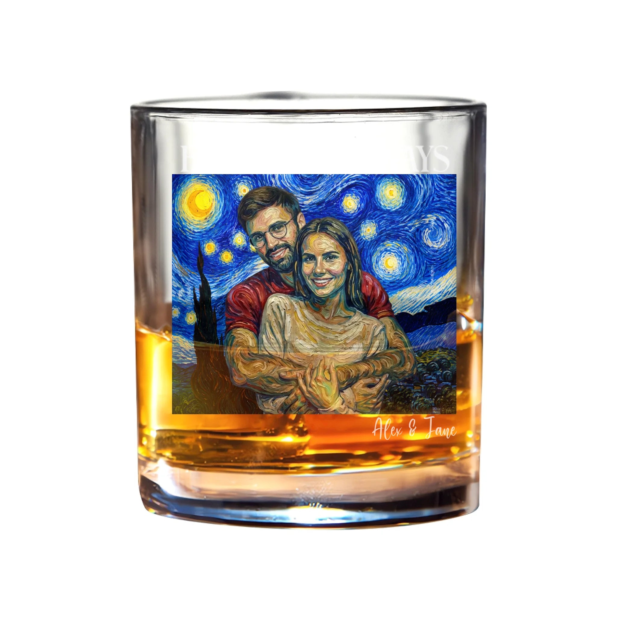 Couple Photo Van Gogh Art Forever & Always - Personalized Whiskey Glass