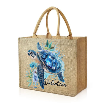 Personalised Floral Sea Turtle Jute Tote Bag with Name