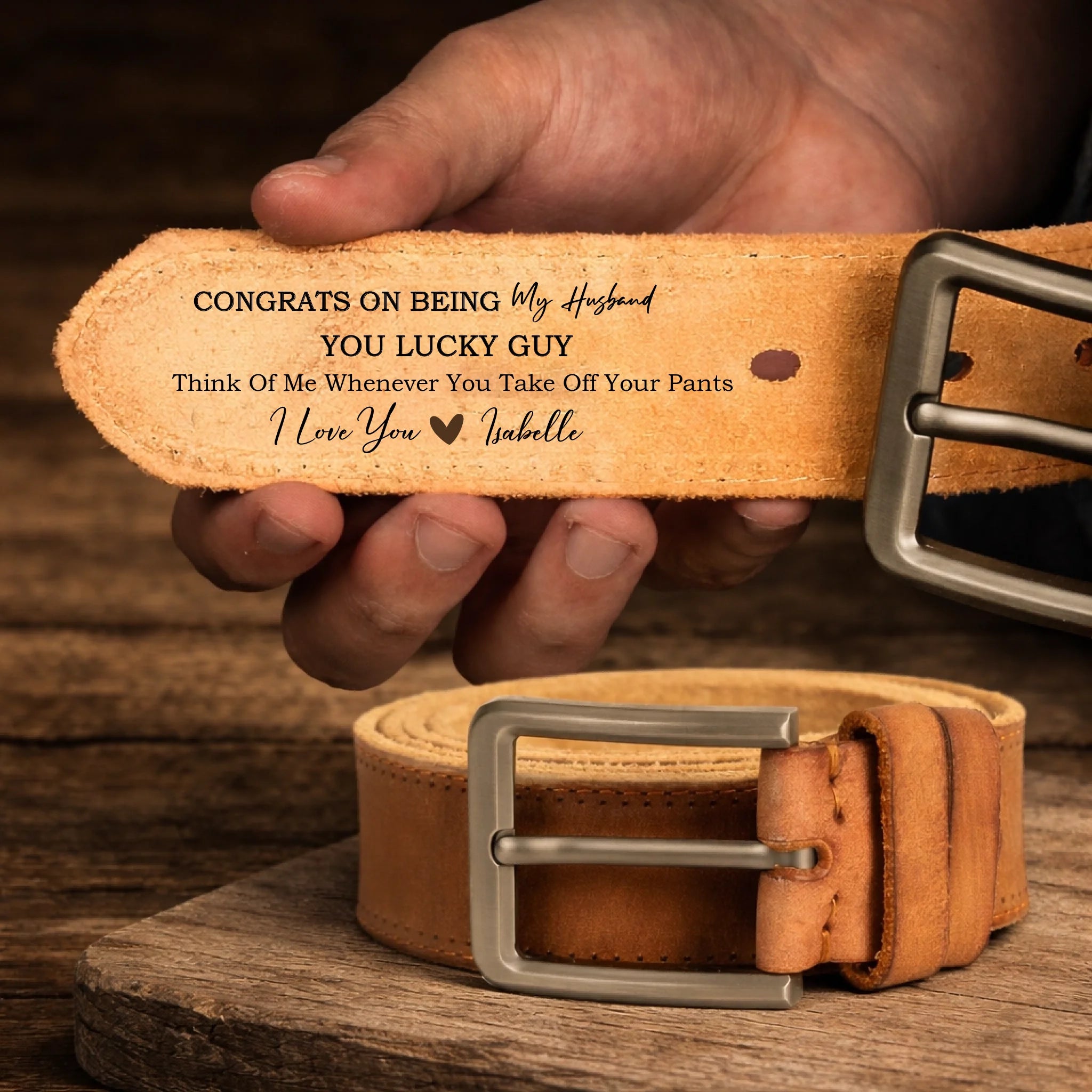 Leather belt on rustic wood surface