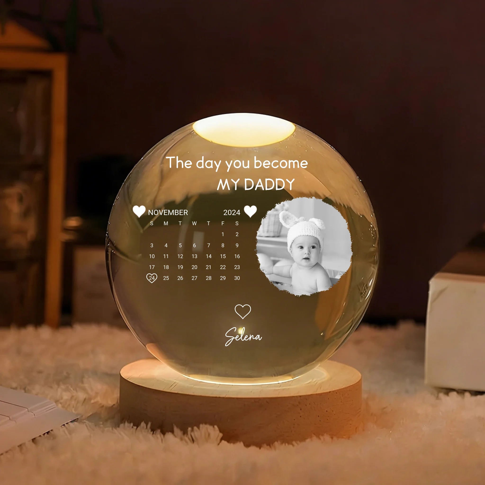 Custom Photo Calendar The Day You Became My Mommy - Personalized Crystal Globe Lamp