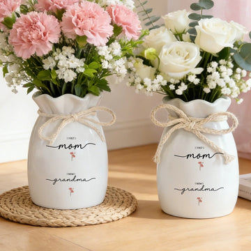 Birth Month Flowers First Mom Now Grandma - Personalized Ribbon Tie Flower Vase