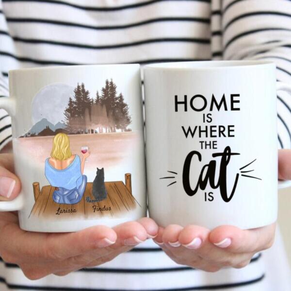 Woman with Cat & Drink - Personalized Mug (1-2 Cats)