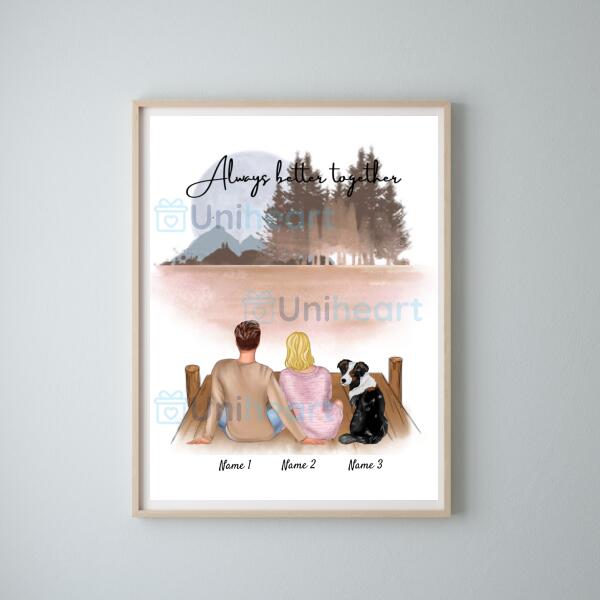 Couple with Pets (Dog or Cat) - Personalized Poster